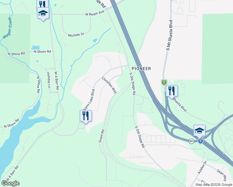 map of restaurants, bars, coffee shops, grocery stores, and more near 1648 Grant Road in Mount Shasta