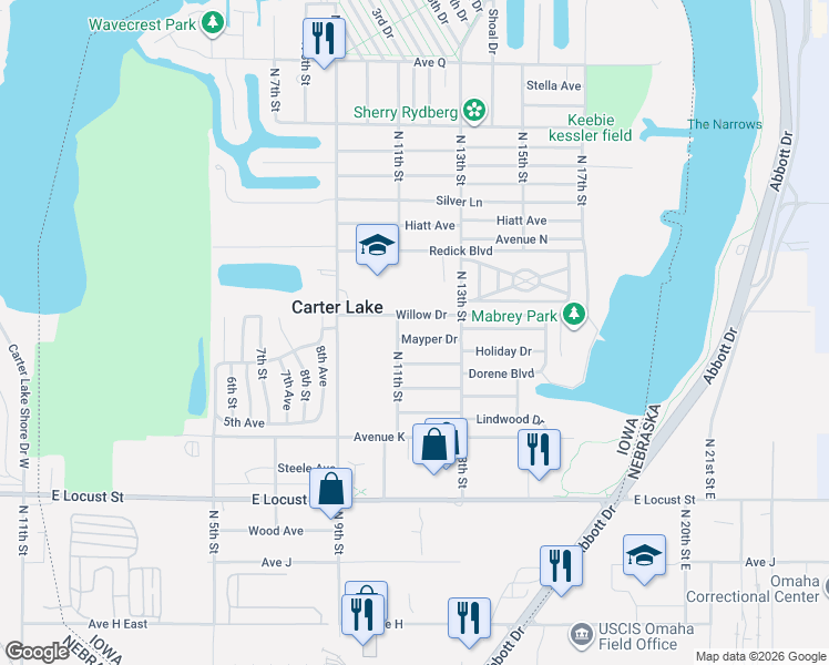 map of restaurants, bars, coffee shops, grocery stores, and more near 1202 Willow Drive in Carter Lake