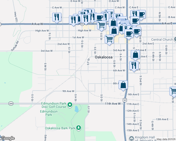 map of restaurants, bars, coffee shops, grocery stores, and more near 698 S F St in Oskaloosa