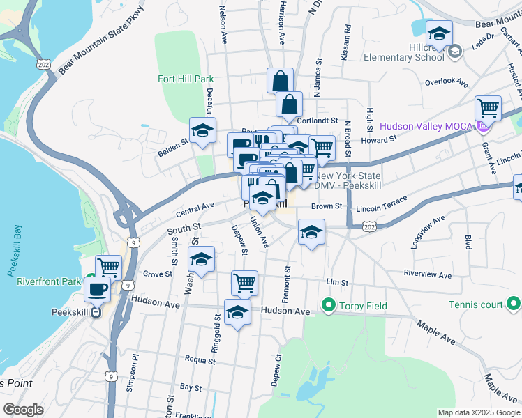 map of restaurants, bars, coffee shops, grocery stores, and more near in Peekskill