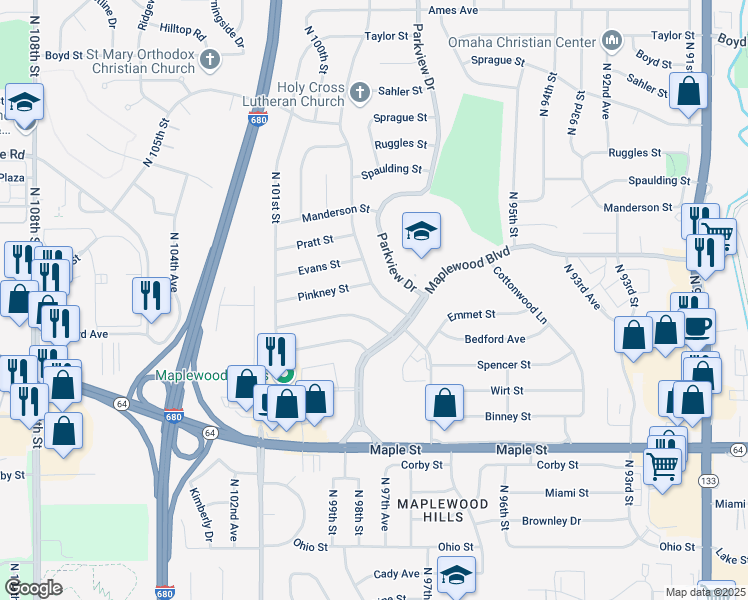 map of restaurants, bars, coffee shops, grocery stores, and more near 3504 Terrace Drive in Omaha