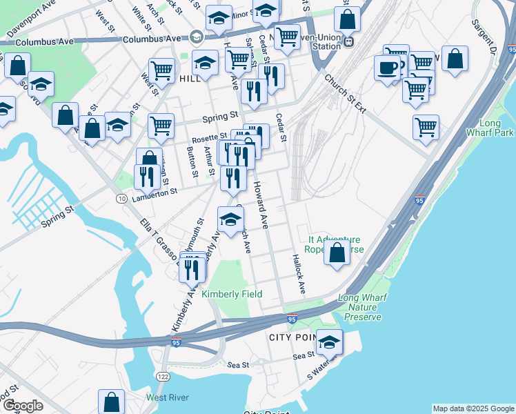 map of restaurants, bars, coffee shops, grocery stores, and more near 320 Howard Avenue in New Haven