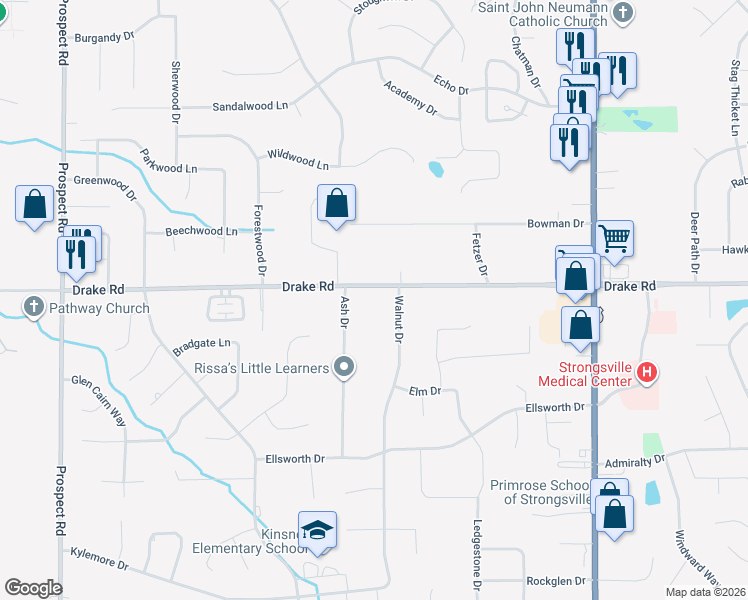 map of restaurants, bars, coffee shops, grocery stores, and more near 19818 Drake Road in Strongsville