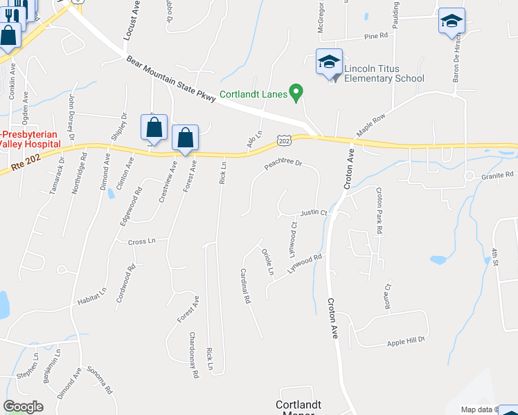 map of restaurants, bars, coffee shops, grocery stores, and more near 17 Peachtree Drive in Cortlandt