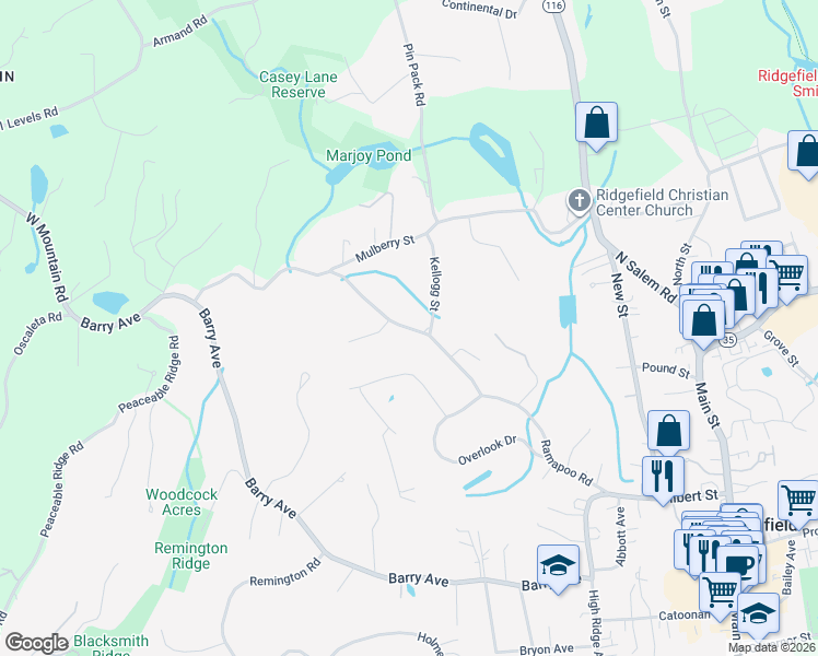 map of restaurants, bars, coffee shops, grocery stores, and more near 130 Ramapoo Road in Ridgefield
