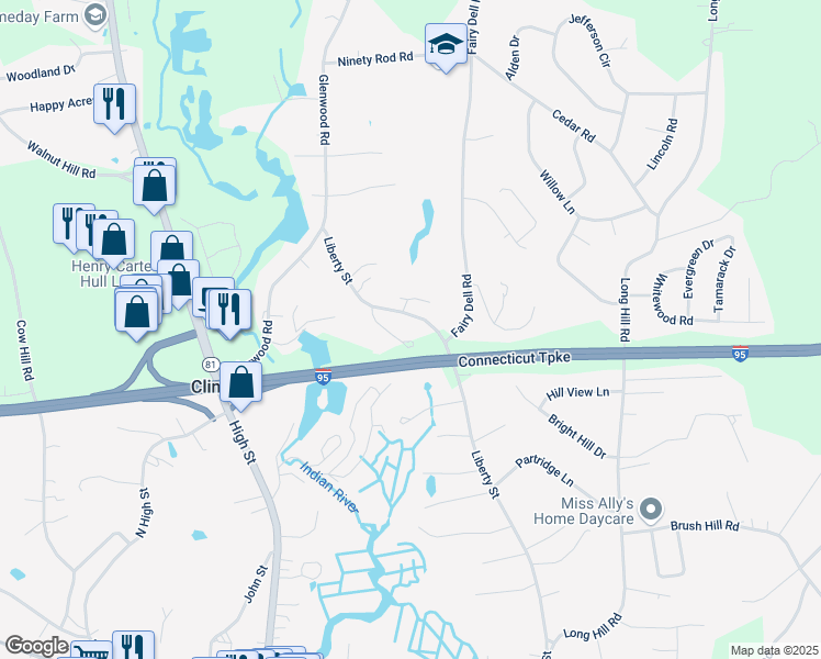 map of restaurants, bars, coffee shops, grocery stores, and more near 135 Liberty Street in Clinton
