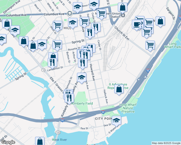 map of restaurants, bars, coffee shops, grocery stores, and more near 455 Greenwich Avenue in New Haven