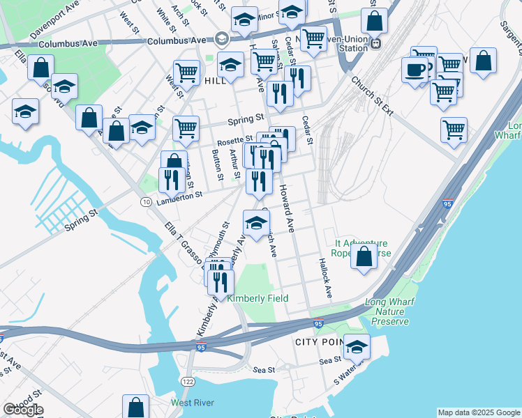 map of restaurants, bars, coffee shops, grocery stores, and more near 455 Greenwich Avenue in New Haven