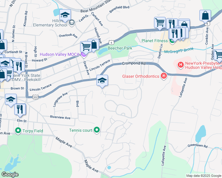 map of restaurants, bars, coffee shops, grocery stores, and more near 6310 Villa at the Woods in Peekskill