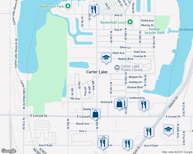 map of restaurants, bars, coffee shops, grocery stores, and more near in Carter Lake