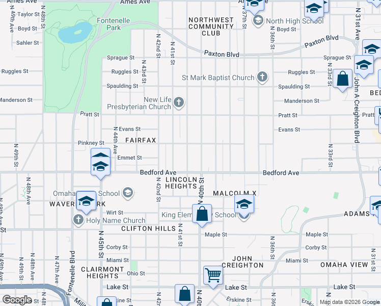 map of restaurants, bars, coffee shops, grocery stores, and more near 3359 North 40th Avenue in Omaha