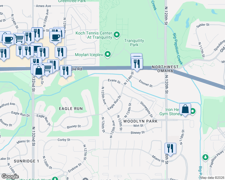 map of restaurants, bars, coffee shops, grocery stores, and more near 3523 North 124th Avenue in Omaha