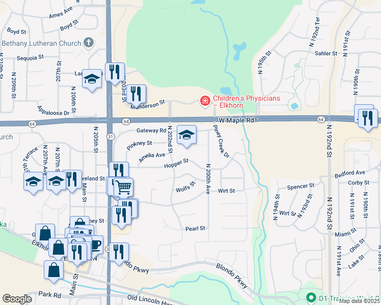 map of restaurants, bars, coffee shops, grocery stores, and more near 20110 Hopper Street in Omaha