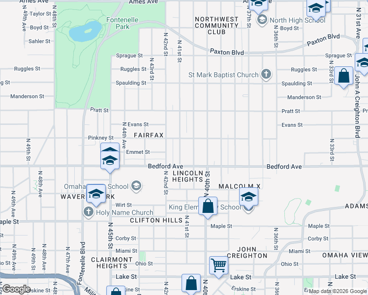 map of restaurants, bars, coffee shops, grocery stores, and more near 3502 North 41st Street in Omaha