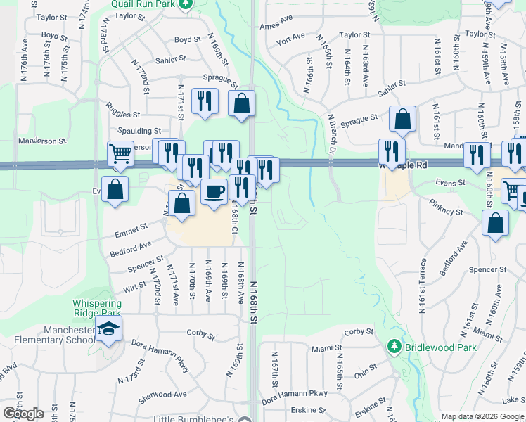 map of restaurants, bars, coffee shops, grocery stores, and more near Birch Street in Omaha