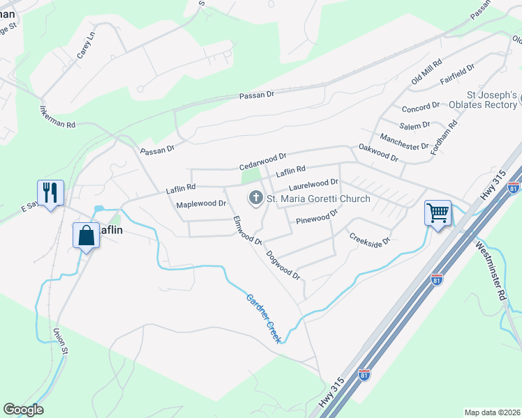 map of restaurants, bars, coffee shops, grocery stores, and more near 89 East Ashwood Drive in Wilkes-Barre