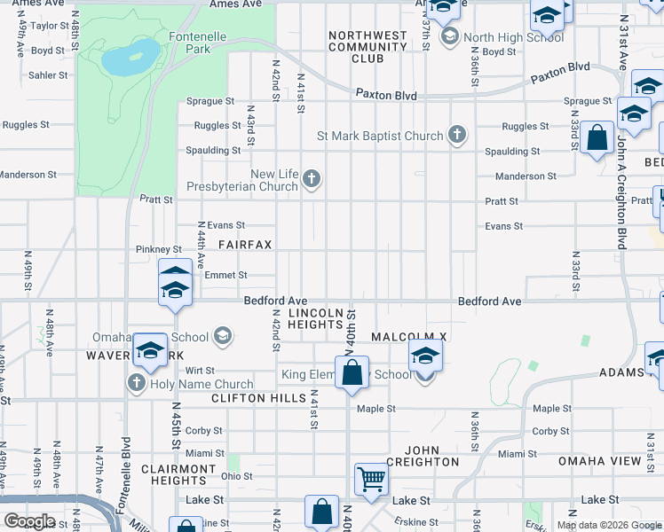 map of restaurants, bars, coffee shops, grocery stores, and more near 3359 North 40th Avenue in Omaha