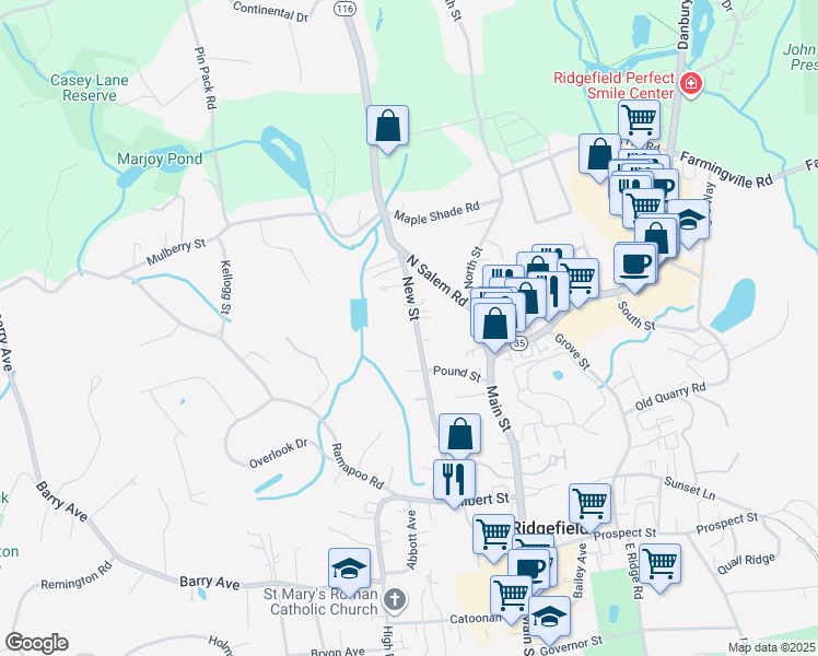 map of restaurants, bars, coffee shops, grocery stores, and more near 85 New Street in Ridgefield