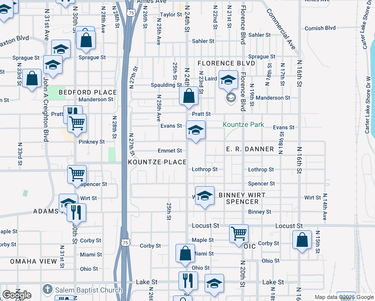 map of restaurants, bars, coffee shops, grocery stores, and more near N 24th St & Emmet St in Omaha