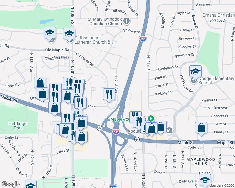 map of restaurants, bars, coffee shops, grocery stores, and more near 3515 North 104th Avenue in Omaha