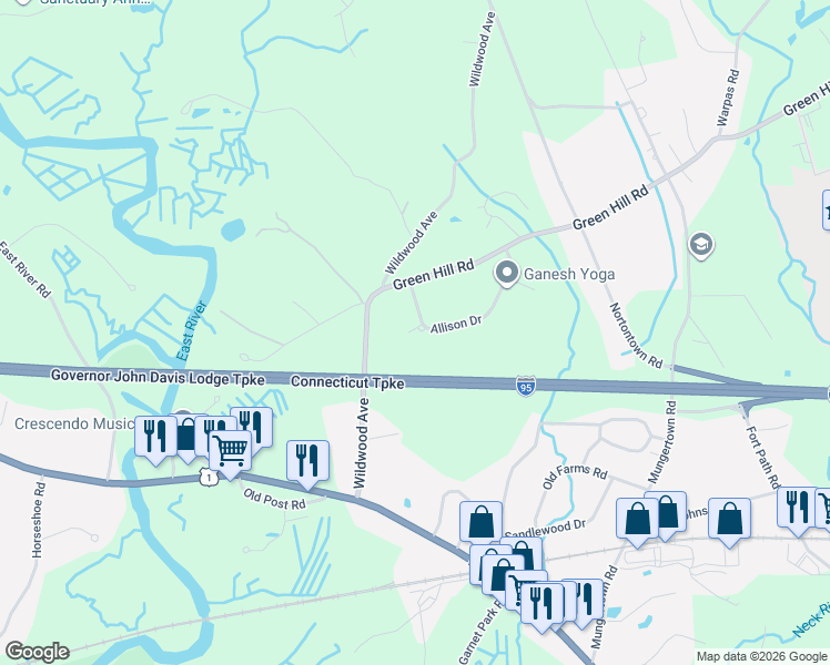 map of restaurants, bars, coffee shops, grocery stores, and more near 22 Allison Drive in Madison