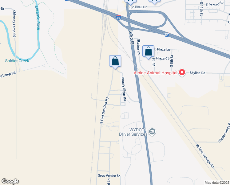 map of restaurants, bars, coffee shops, grocery stores, and more near 150 West Blackfoot Street in Laramie