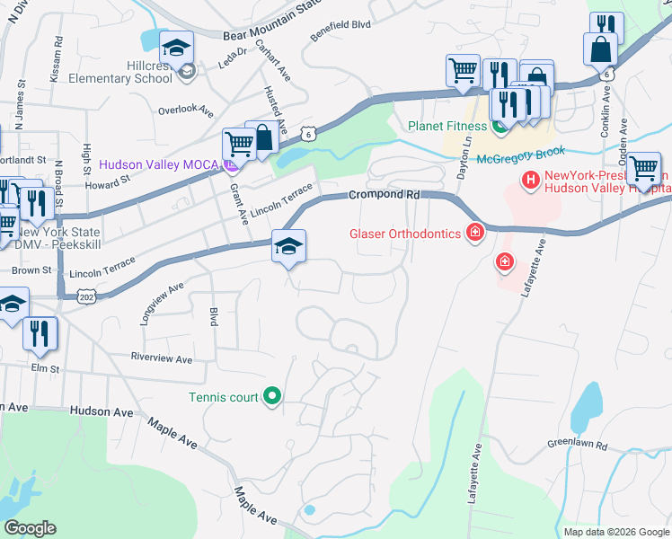 map of restaurants, bars, coffee shops, grocery stores, and more near 68 Cayuga Drive in Peekskill