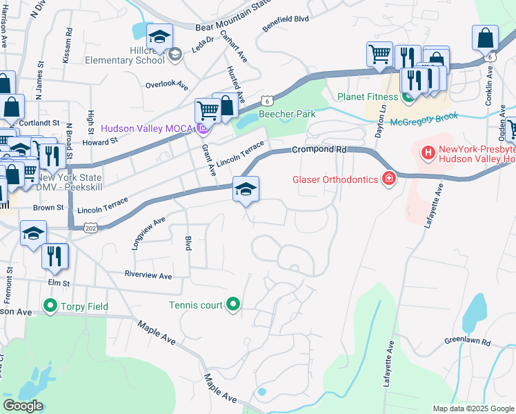 map of restaurants, bars, coffee shops, grocery stores, and more near 6310 Villa at the Woods in Peekskill