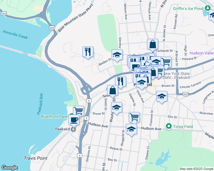 map of restaurants, bars, coffee shops, grocery stores, and more near 649 Main Street in Peekskill
