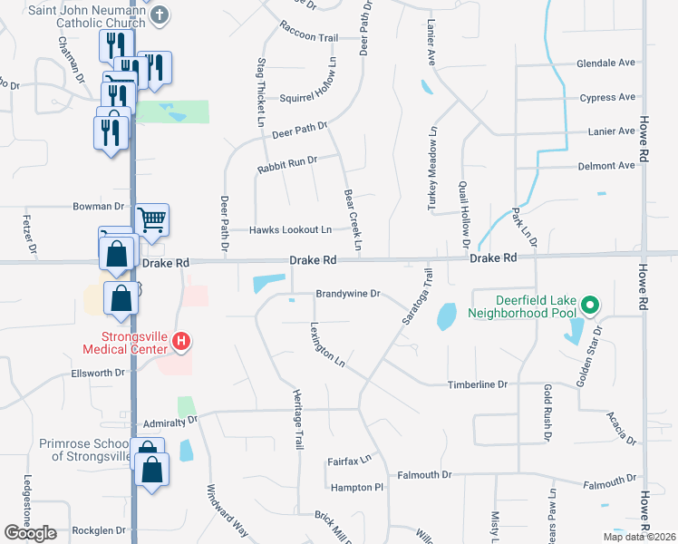 map of restaurants, bars, coffee shops, grocery stores, and more near 17697 Drake Road in Strongsville