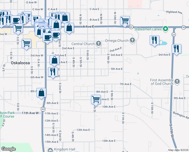 map of restaurants, bars, coffee shops, grocery stores, and more near 699 South 7th Street in Oskaloosa