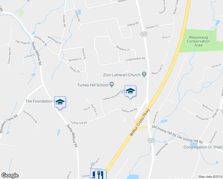 map of restaurants, bars, coffee shops, grocery stores, and more near 441 Turkey Hill Road in Orange