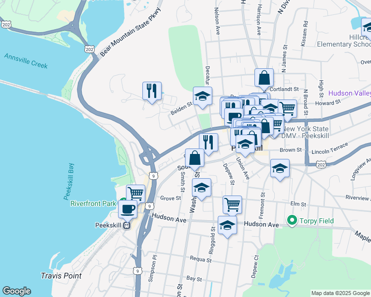 map of restaurants, bars, coffee shops, grocery stores, and more near 645 Main Street in Peekskill