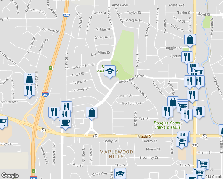 map of restaurants, bars, coffee shops, grocery stores, and more near 3698 Maplewood Boulevard in Omaha