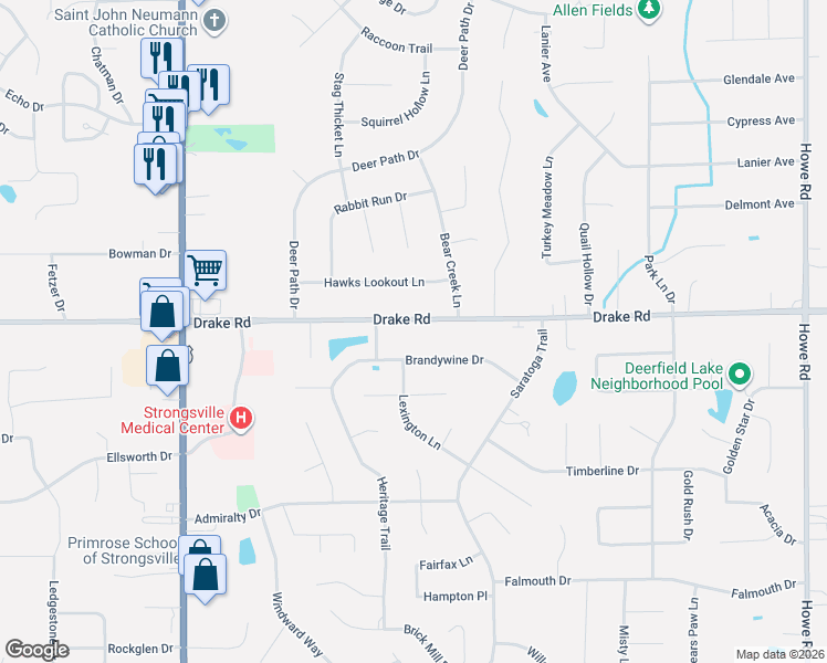 map of restaurants, bars, coffee shops, grocery stores, and more near 17852 Drake Road in Strongsville