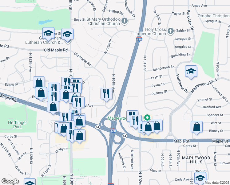 map of restaurants, bars, coffee shops, grocery stores, and more near 3515 North 104th Avenue in Omaha