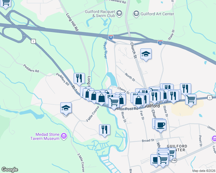 map of restaurants, bars, coffee shops, grocery stores, and more near 57 Mill Road in Guilford