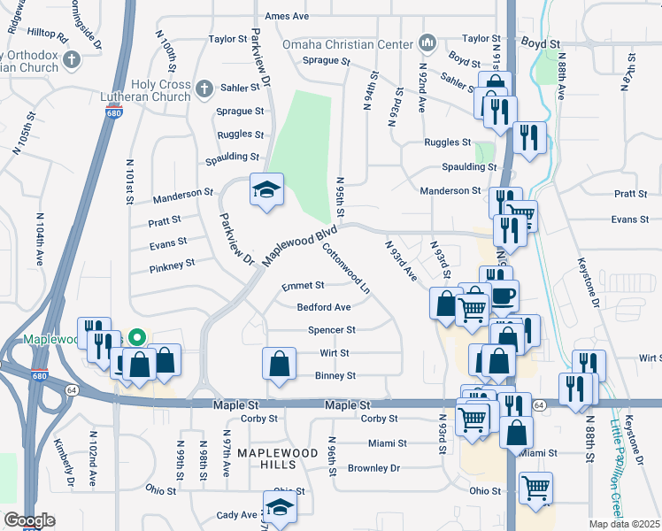 map of restaurants, bars, coffee shops, grocery stores, and more near 3426 Cottonwood Lane in Omaha