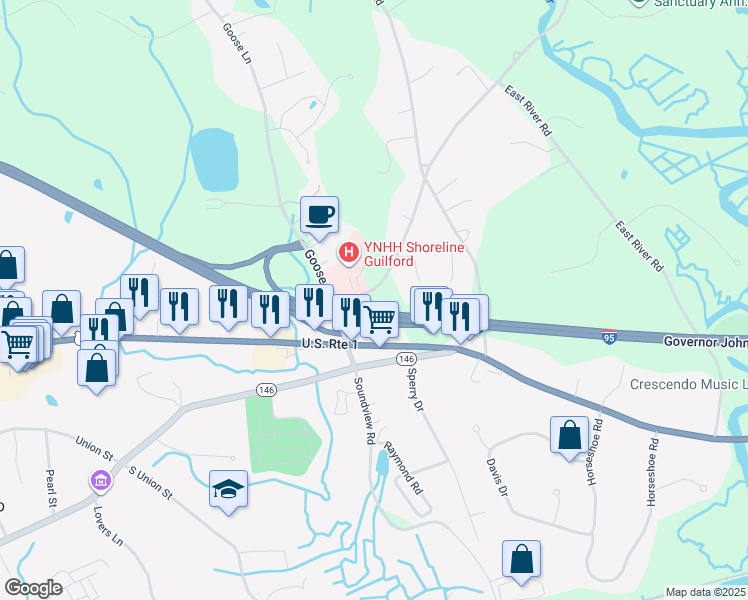 map of restaurants, bars, coffee shops, grocery stores, and more near 47 Clapboard Hill Road in Guilford