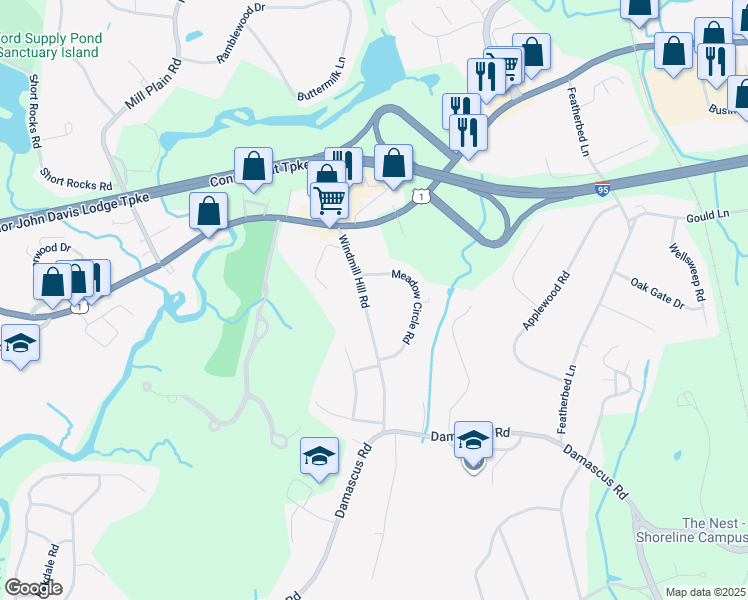 map of restaurants, bars, coffee shops, grocery stores, and more near 15 Meadow Circle Road in Branford