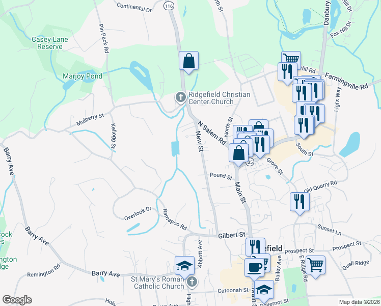 map of restaurants, bars, coffee shops, grocery stores, and more near 77 New Street in Ridgefield