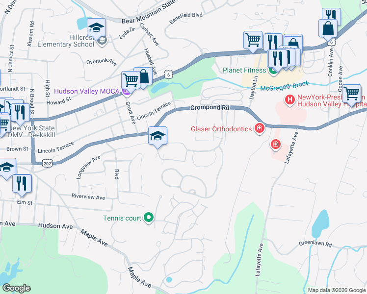 map of restaurants, bars, coffee shops, grocery stores, and more near 68 Cayuga Drive in Peekskill