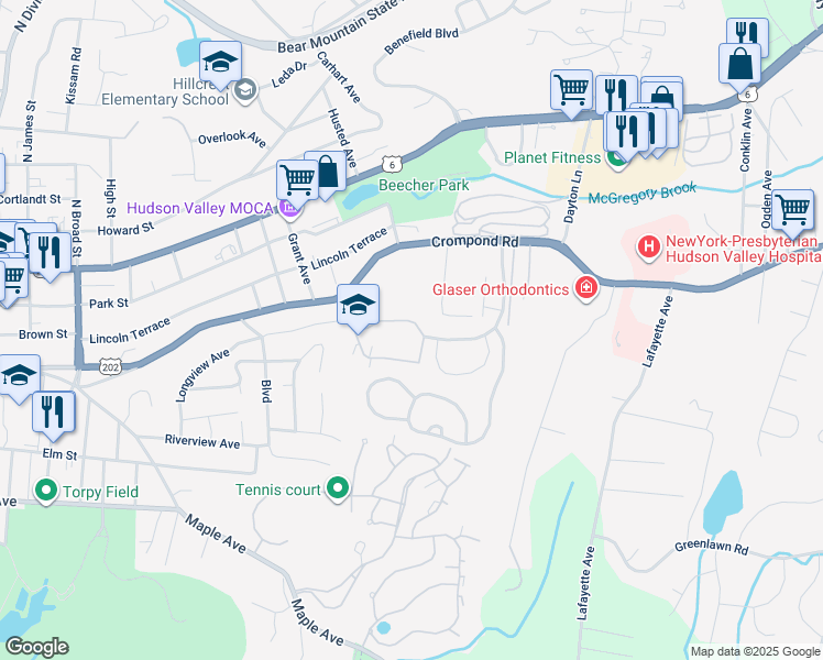 map of restaurants, bars, coffee shops, grocery stores, and more near 68 Cayuga Drive in Peekskill