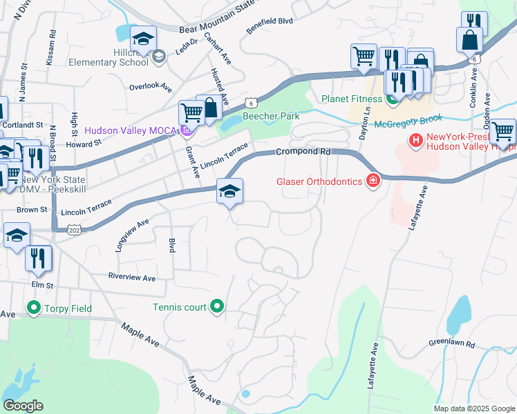 map of restaurants, bars, coffee shops, grocery stores, and more near 68 Cayuga Drive in Peekskill