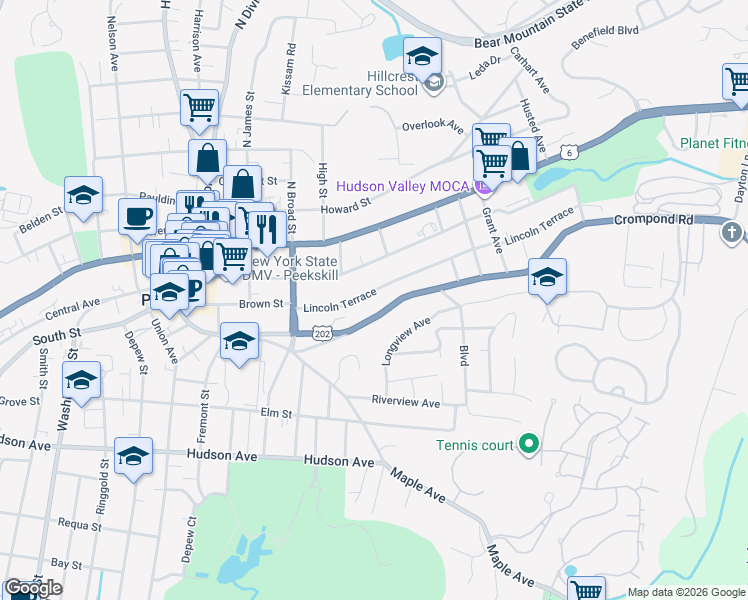 map of restaurants, bars, coffee shops, grocery stores, and more near 1234 Lincoln Terrace in Peekskill