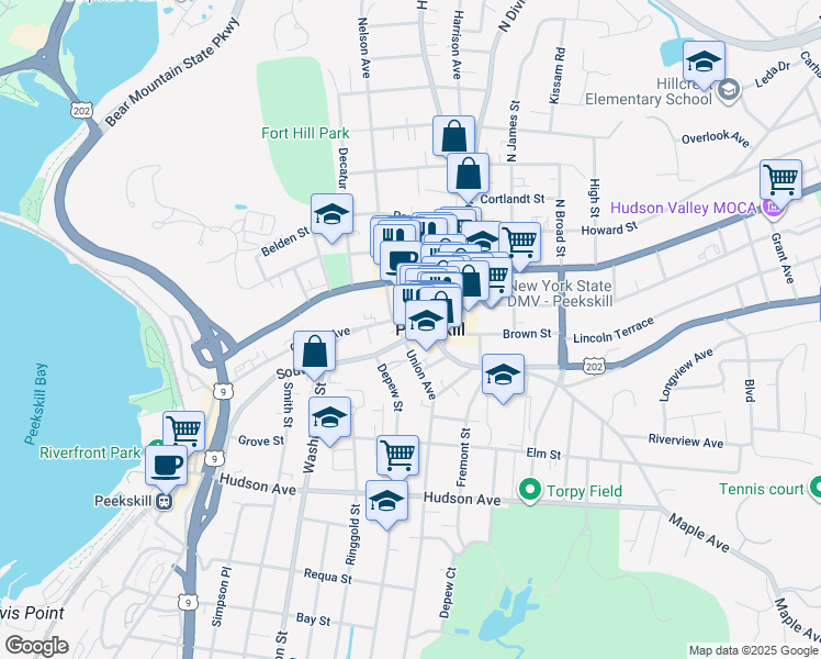map of restaurants, bars, coffee shops, grocery stores, and more near in Peekskill
