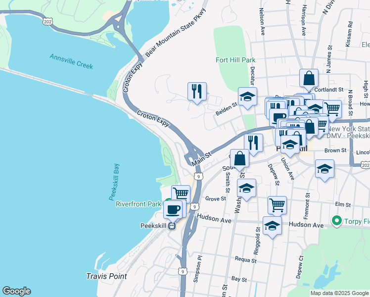 map of restaurants, bars, coffee shops, grocery stores, and more near 634 Main Street in Peekskill
