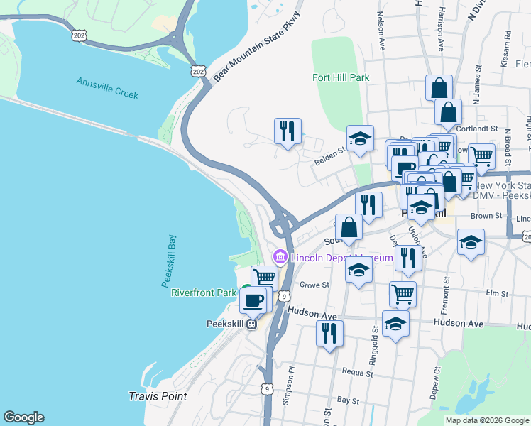 map of restaurants, bars, coffee shops, grocery stores, and more near 410 Main Street in Peekskill