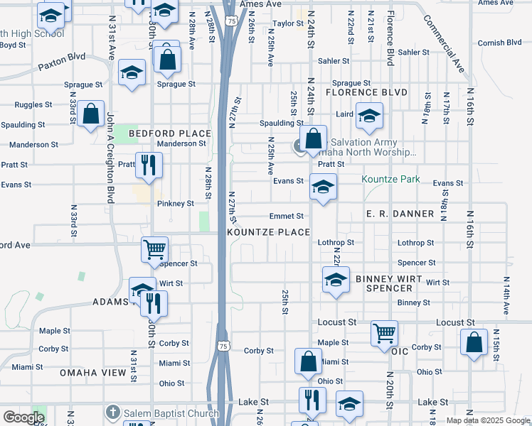 map of restaurants, bars, coffee shops, grocery stores, and more near 2447 Pinkney Street in Omaha