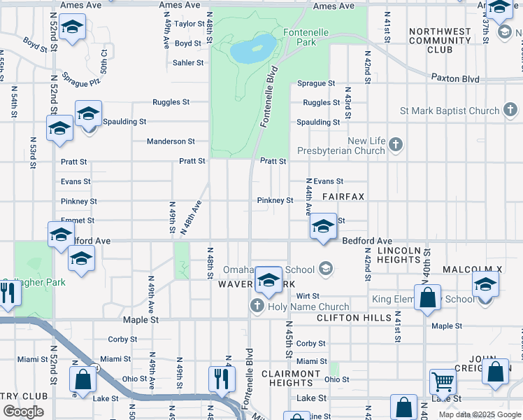 map of restaurants, bars, coffee shops, grocery stores, and more near 3502 North 45th Avenue in Omaha